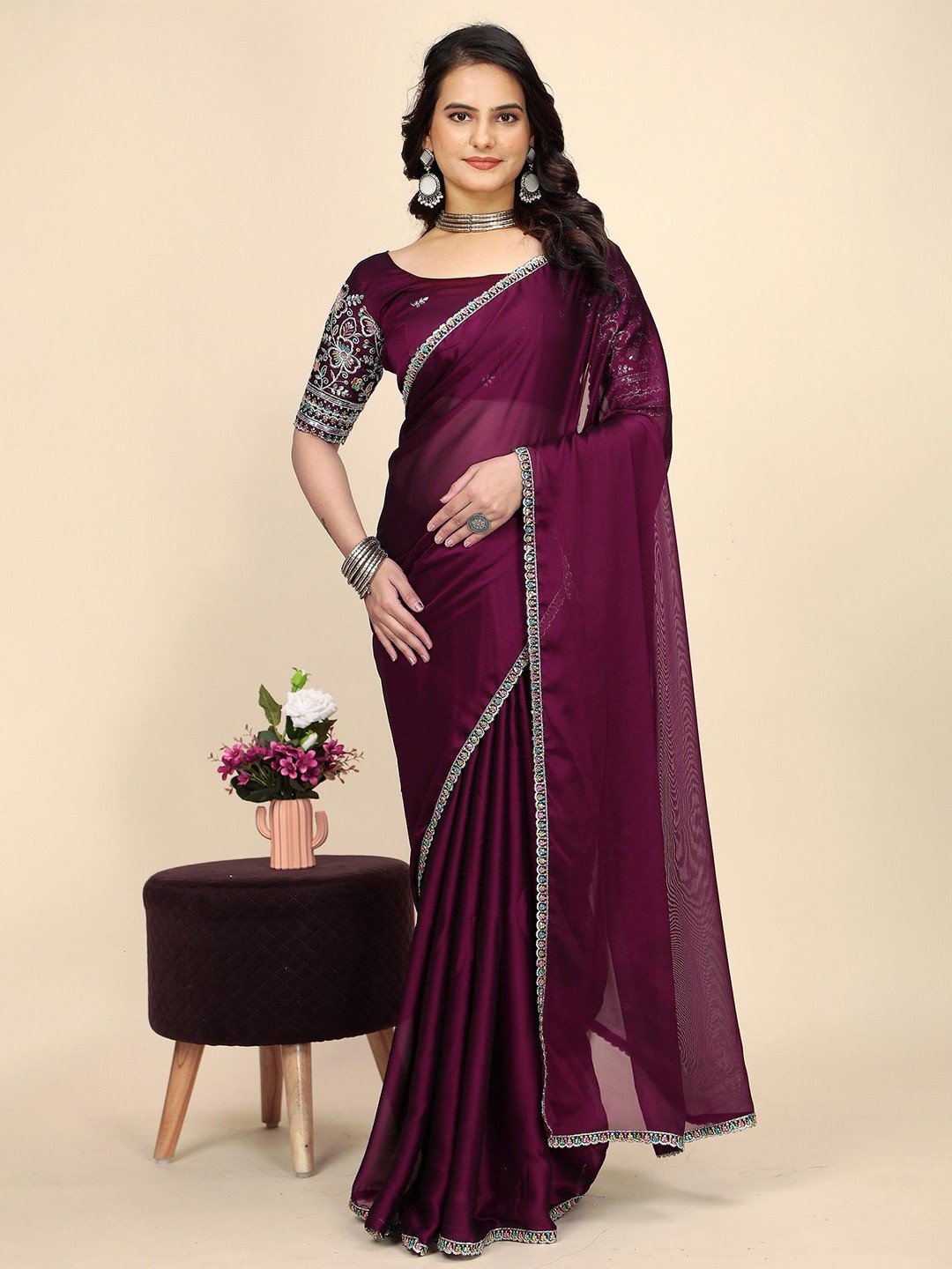 

K 5 Fashion Women Embroidered Pure Chiffon Saree, Purple