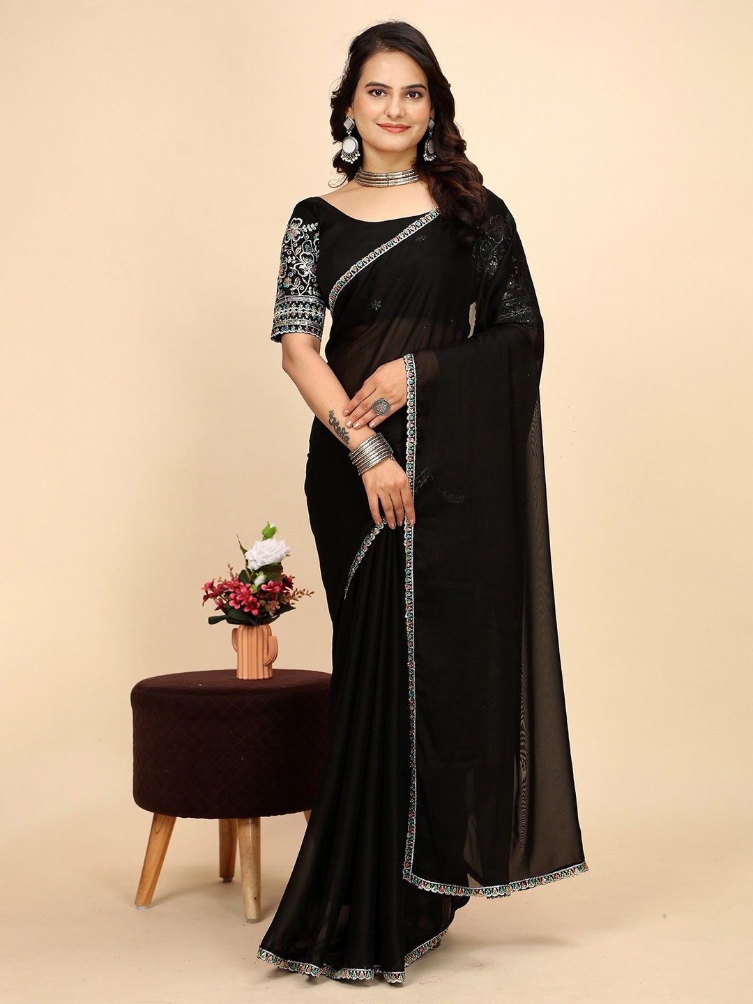 

K 5 Fashion Embroidered Pure Chiffon Saree, Black