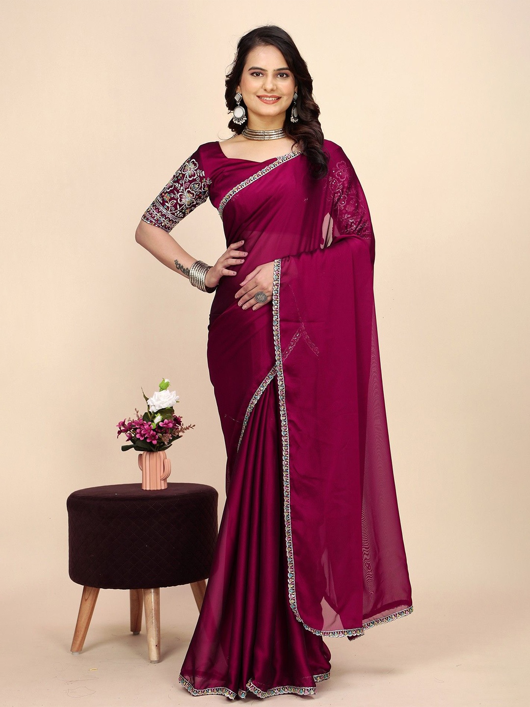 

K 5 Fashion Embroidered Pure Chiffon Saree, Maroon