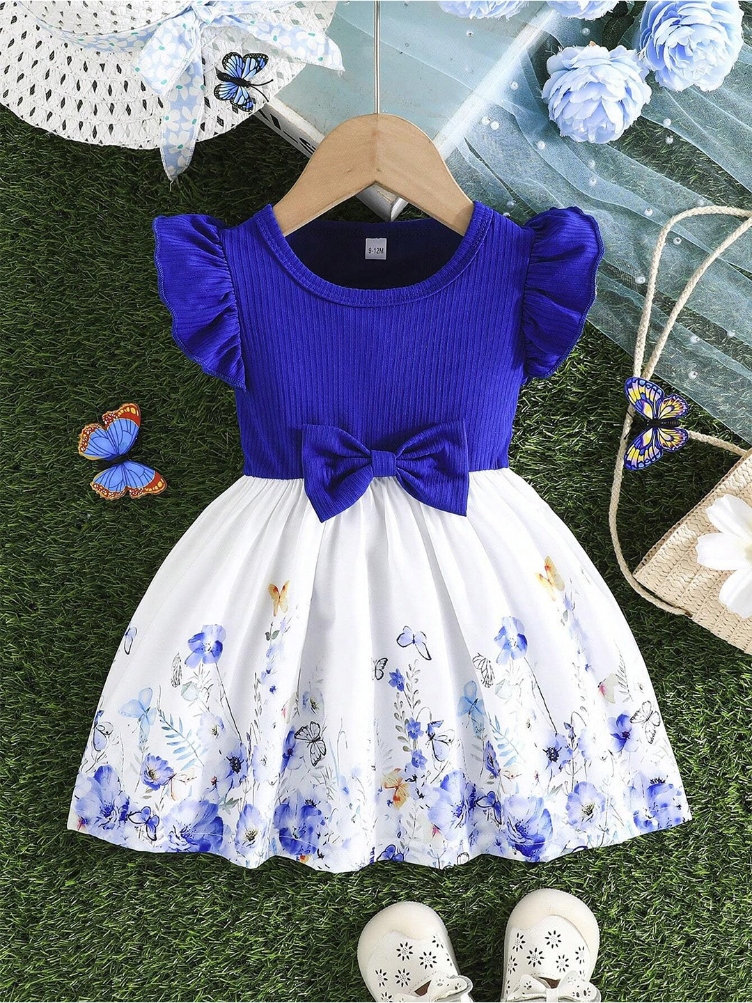 

BAESD Girls Floral Printed Flutter Sleeves A-Line Dress, Blue