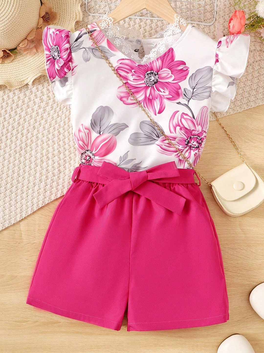 

BAESD Girls Printed V-Neck Top with Shorts, Pink