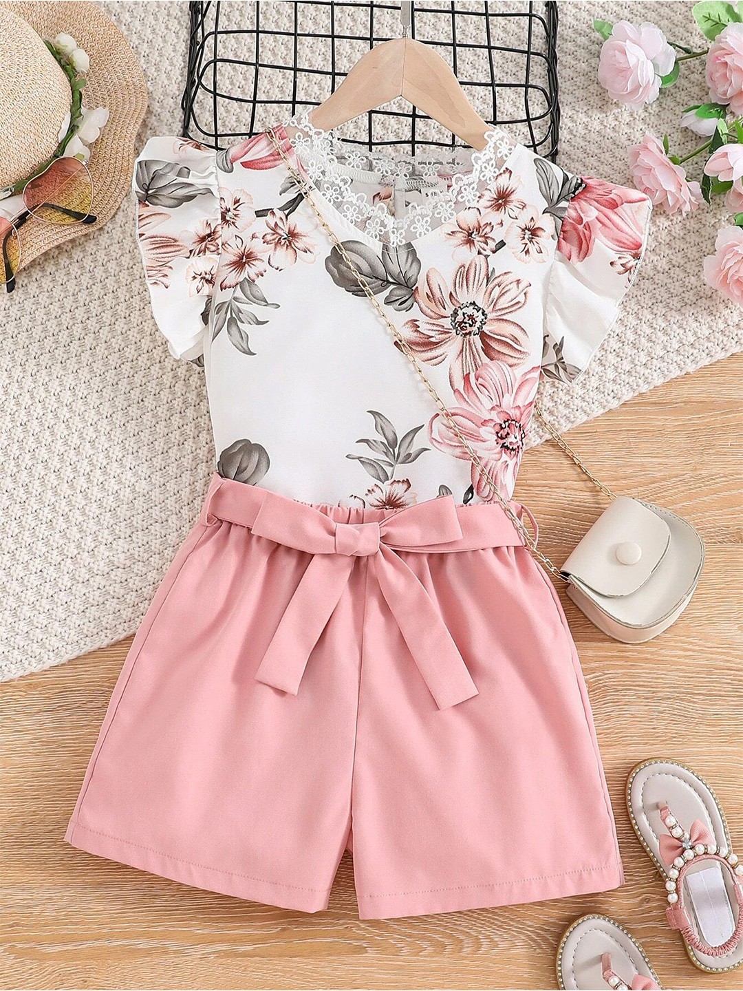 

BAESD Girls Printed V-Neck Top with Shorts, Peach