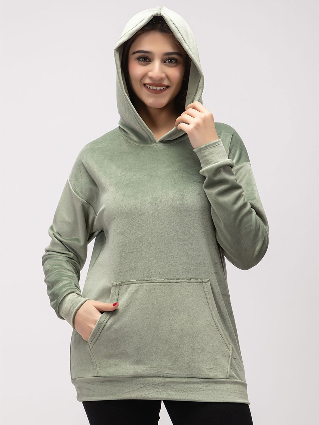 

HILFIRE REGION Women Velvet Hooded Sweatshirt, Green