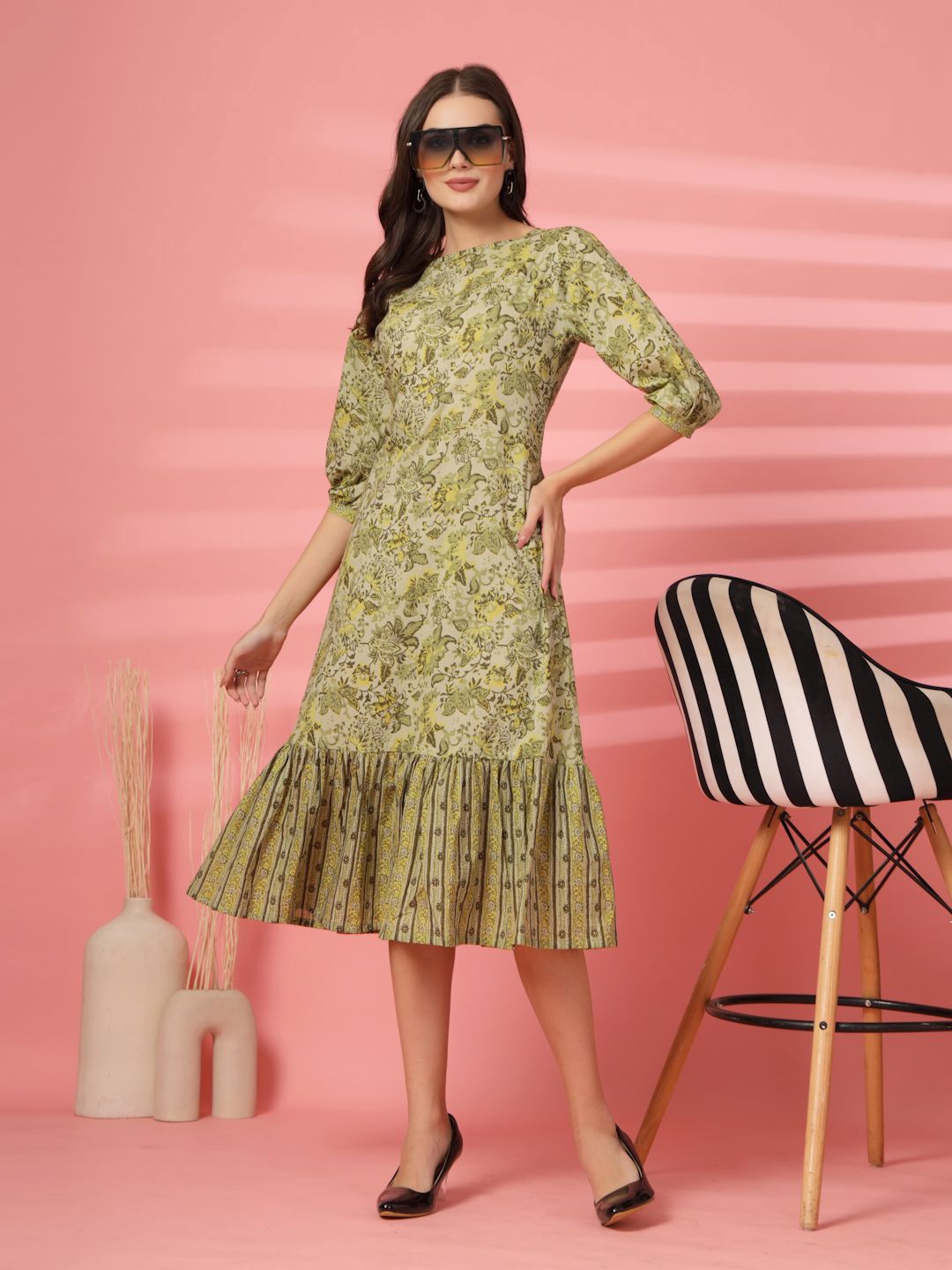 

LARGISH Women Floral Printed Cotton A-Line Midi Dress, Green
