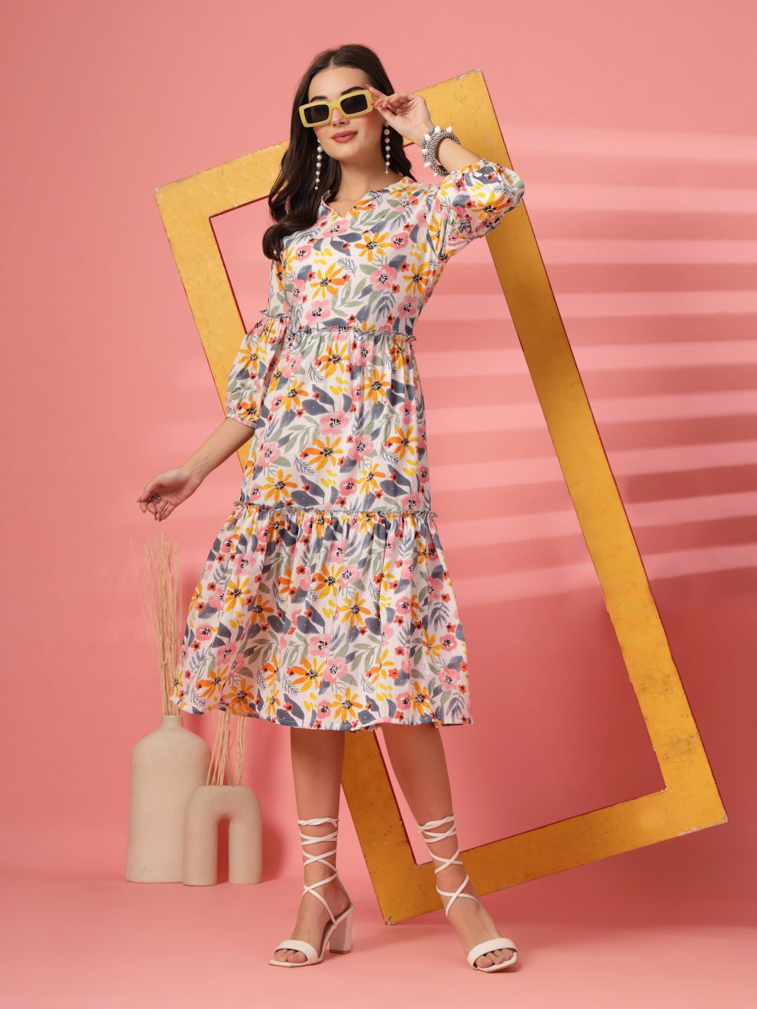 

LARGISH Women Floral Printed Puff Sleeve Fit & Flare Midi Dress, Off white