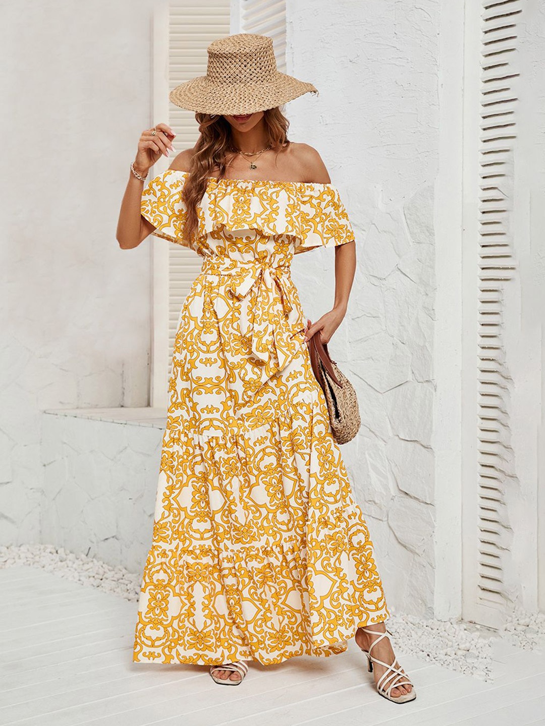 

JC Mode Women Floral Printed Off-Shoulder Maxi Dress, Yellow