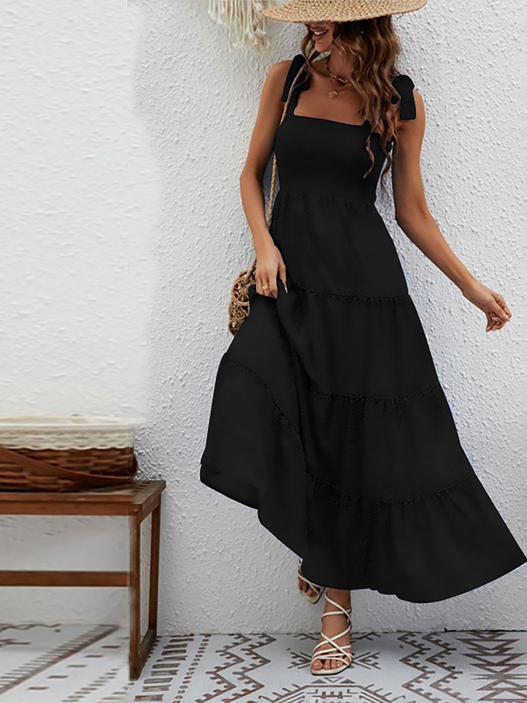 

JC Mode Women Shoulder Straps Sleeveless Fit and Flare Maxi Dress, Black
