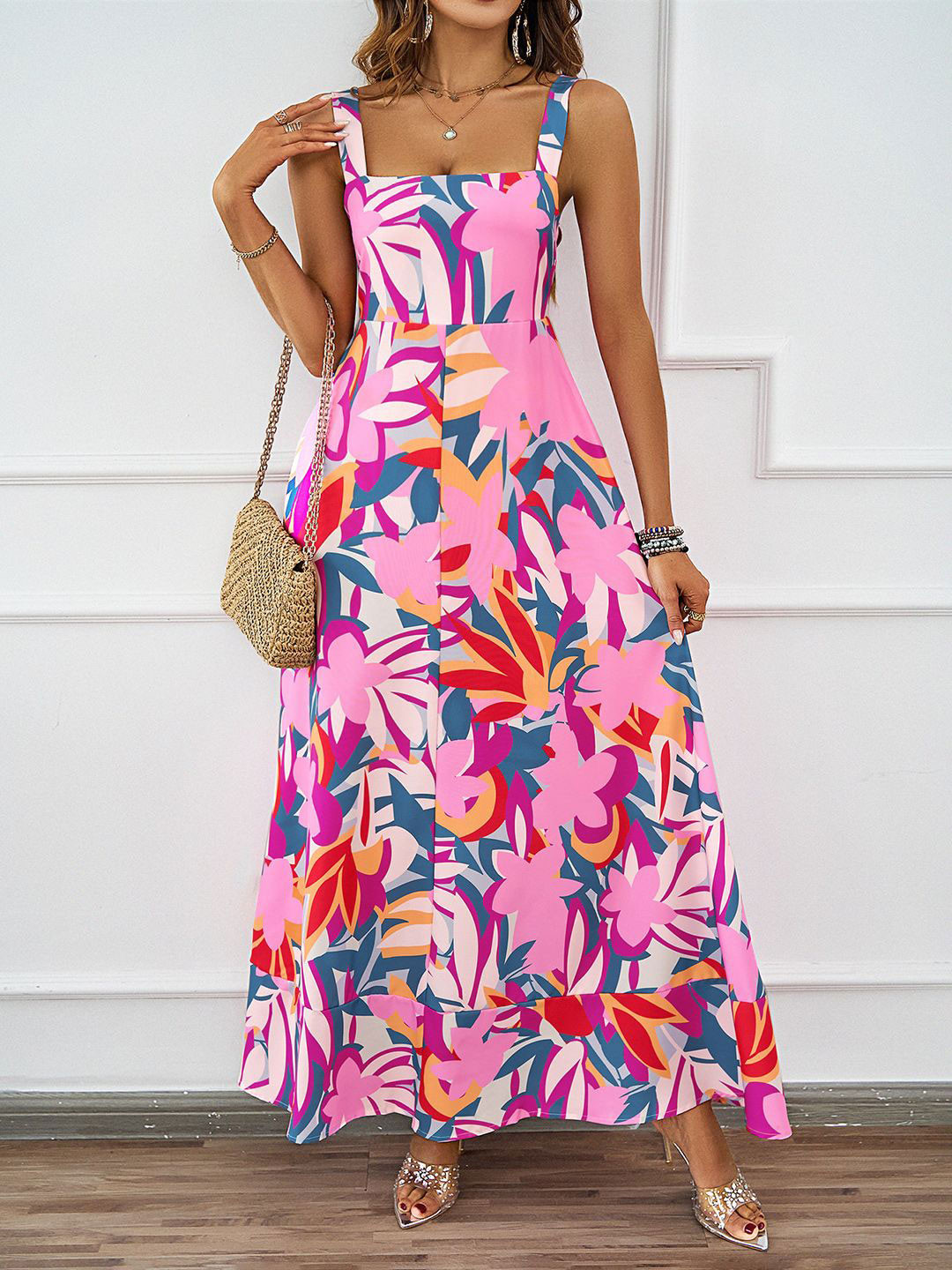 

JC Mode Women Floral Printed Sleeveless Fit and Flare Maxi Dress, Pink