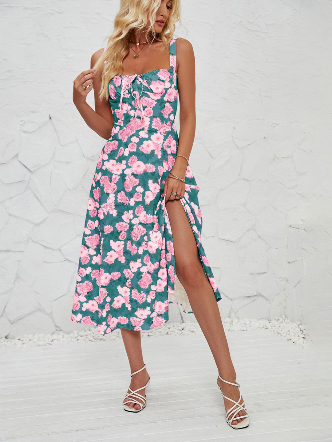 

JC Mode Floral Print Fit & Flare Shoulder Straps Sleeveless Midi Dress, Blue