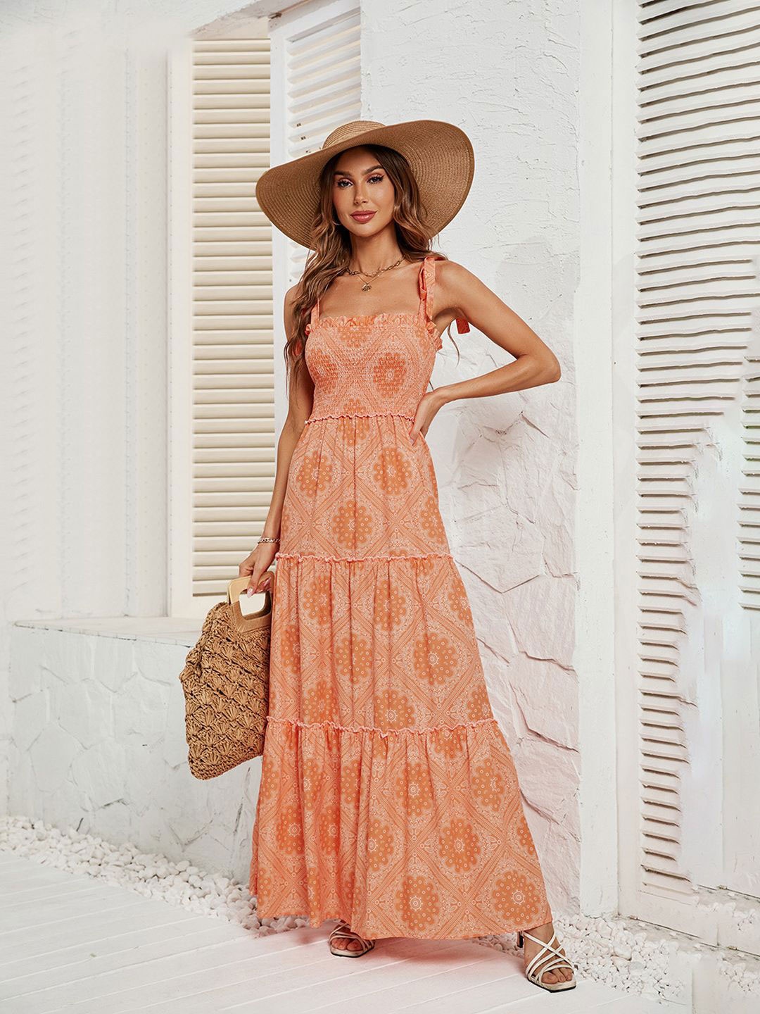

JC Mode Women Ethnic Motifs Printed Smoked Shoulder Straps Tiered Fit and Flare Maxi Dress, Orange