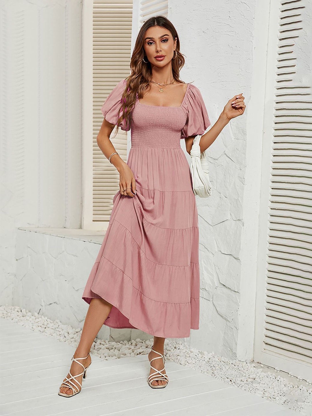

JC Mode Women Puff Sleeve Smocked Tiered Fit & Flare Midi Dress, Pink