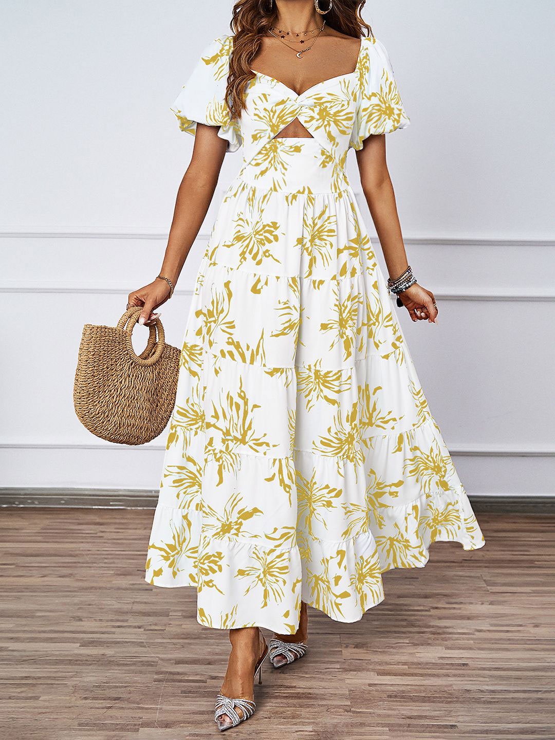 

JC Mode Women Floral Printed Sweetheart Neck Puff Sleeve Maxi Dress With Cut-Outs Details, White