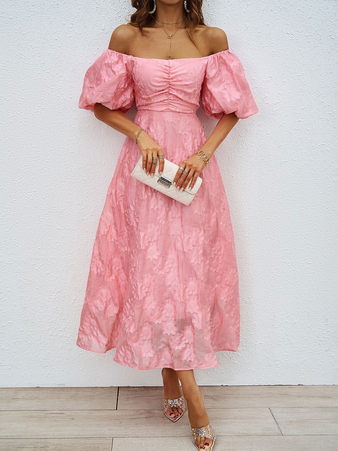 

JC Mode Women Off-Shoulder Self Design Puffed Sleeve Fit & Flare Midi Dress, Pink