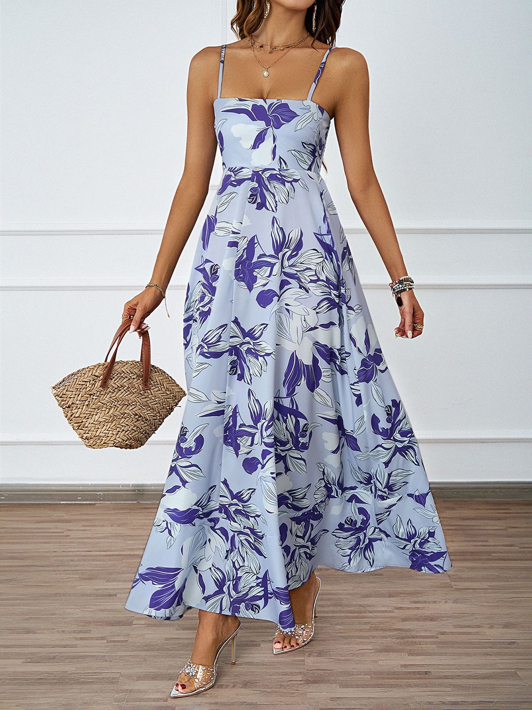 

JC Mode Women Shoulder Straps Floral Printed Fit & Flare Midi Dress, Blue
