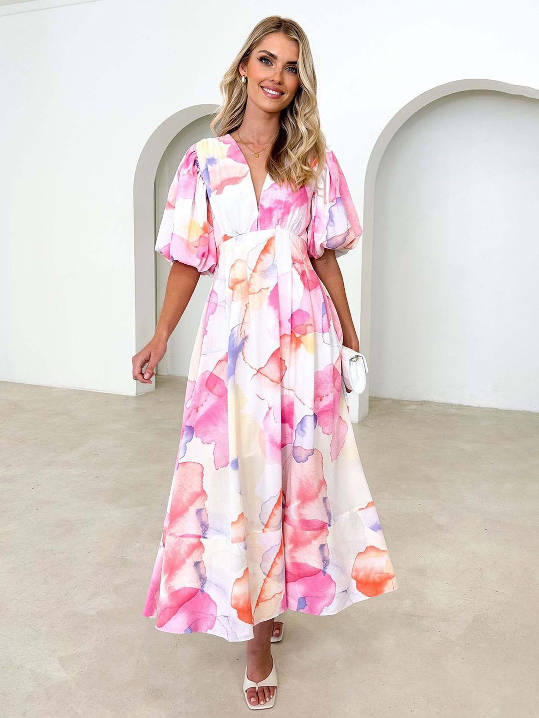 

JC Mode Women Floral Printed Flared Sleeve Maxi Dress, Pink