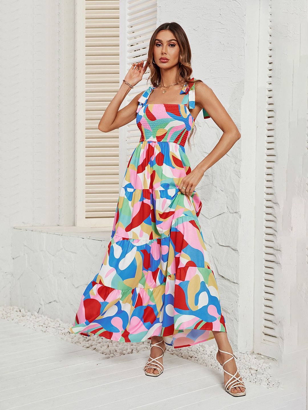 

JC Mode Women Printed Shoulder Straps Smocked Sleeveless Maxi Dress, White