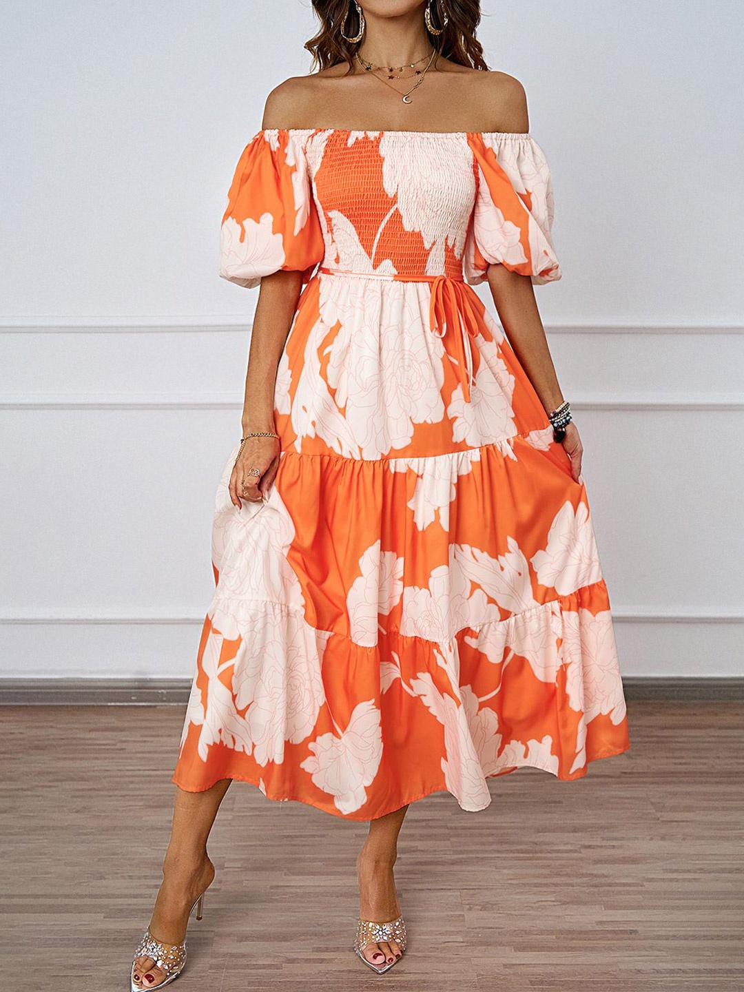 

JC Mode Women Floral Print Off-Shoulder Puff Sleeves Fit & Flare Dress, Orange