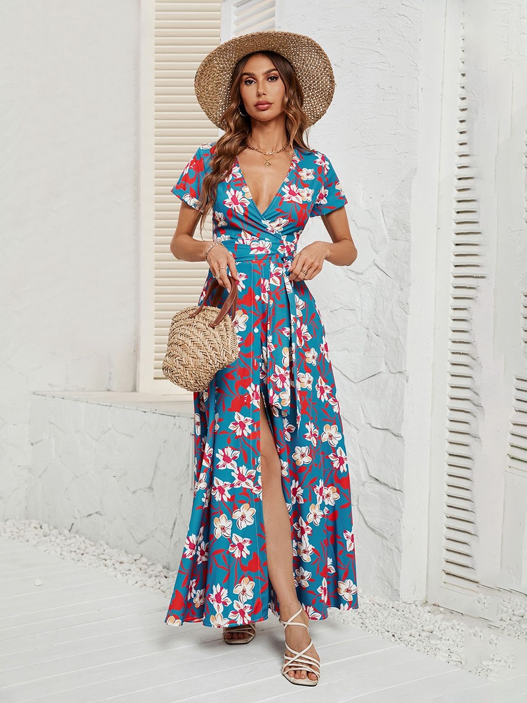 

JC Mode Women Floral Printed Flutter Sleeve Wrap Maxi Dress, Blue