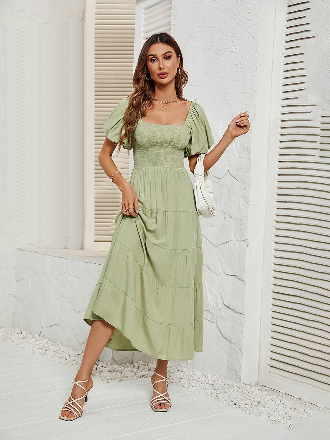 

JC Mode Smocked Detail Fit & Flare Midi Dress, Lime green