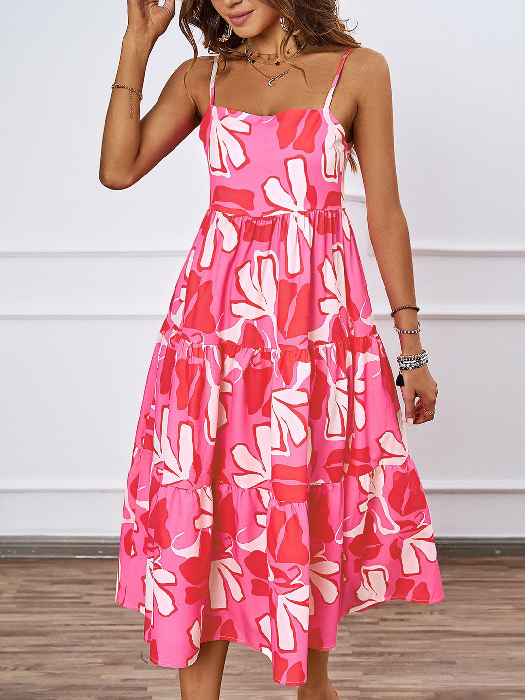

JC Mode Women Print Fit & Flare Tiered Midi Dress, Pink