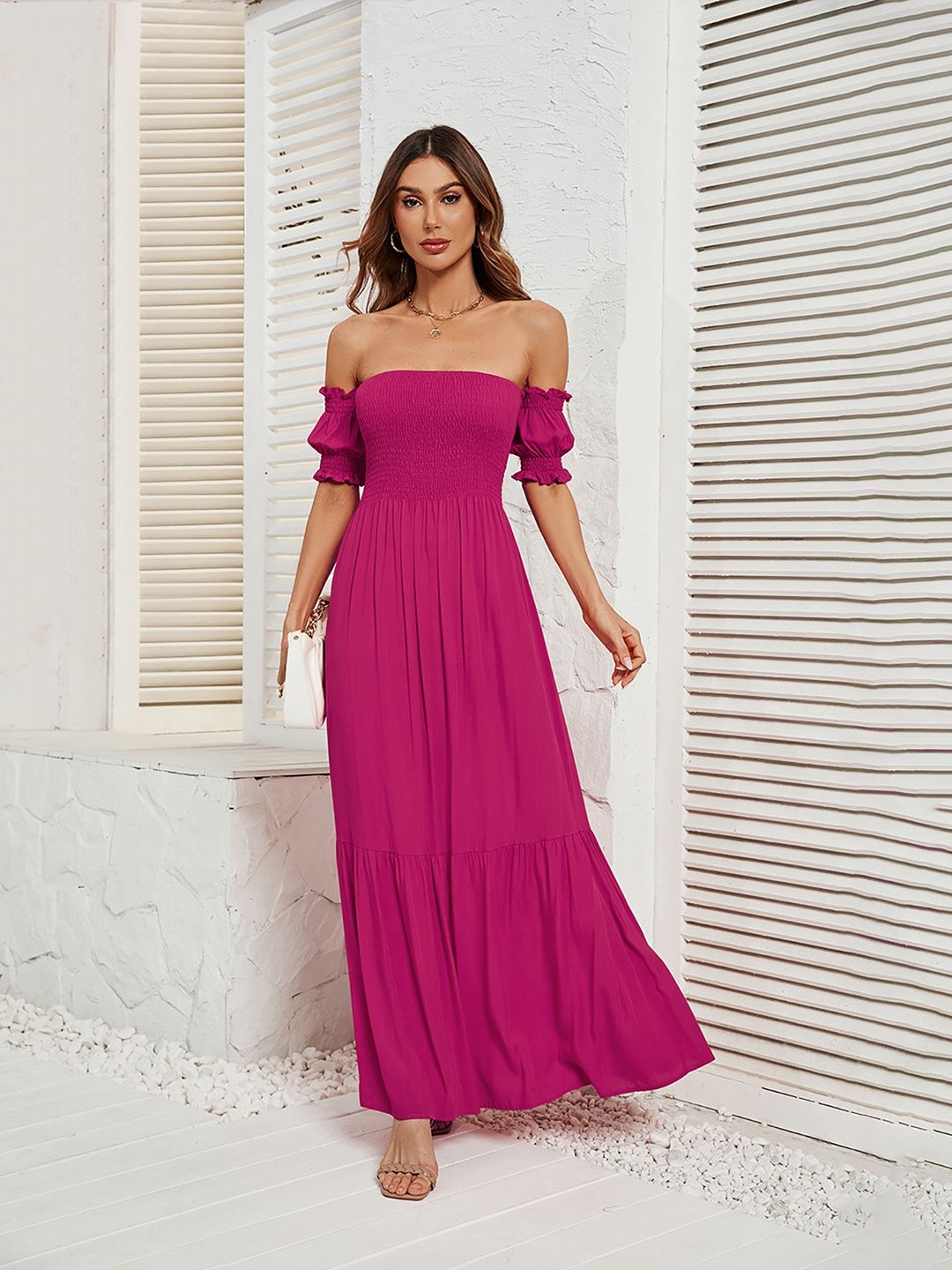 

JC Mode Women Off-Shoulder Puff Sleeve Maxi Dress, Rose