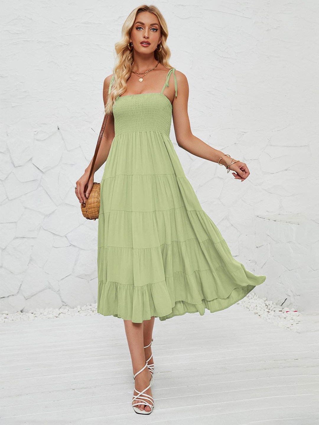 

JC Mode Women Shoulder Straps Fit and Flare Midi Dress, Green