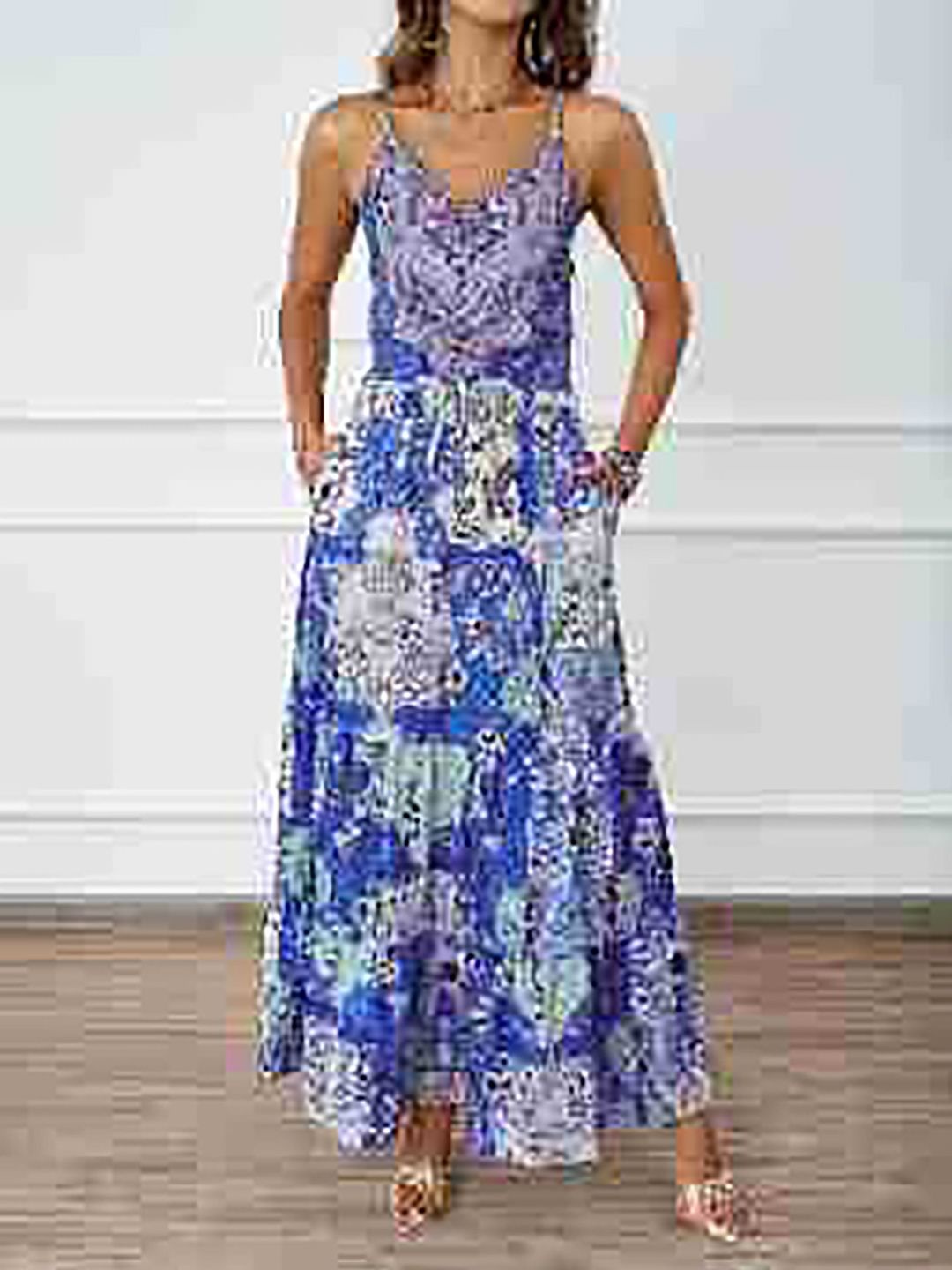 

JC Mode Abstract Printed Shoulder Straps Tiered Maxi Dress, Blue