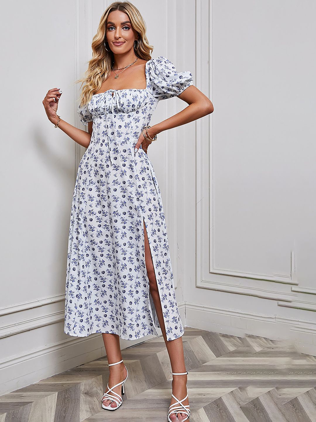 

JC Mode Women Floral Printed A-Line Midi Dress, White