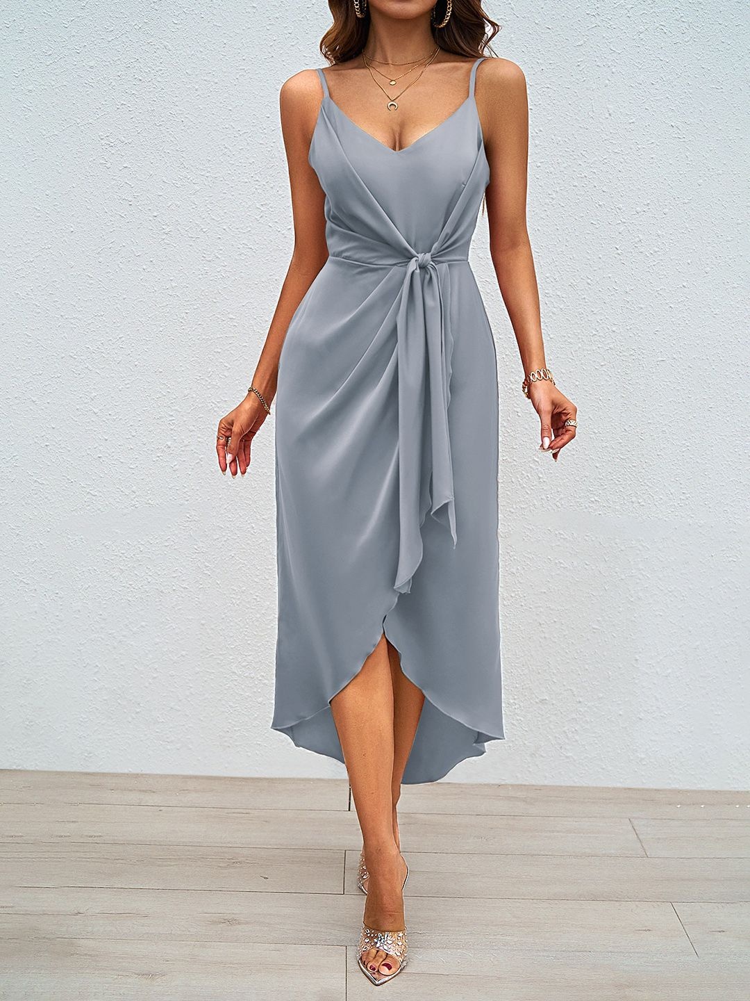 

JC Mode Women Shoulder Straps Wrap Midi Dress, Grey