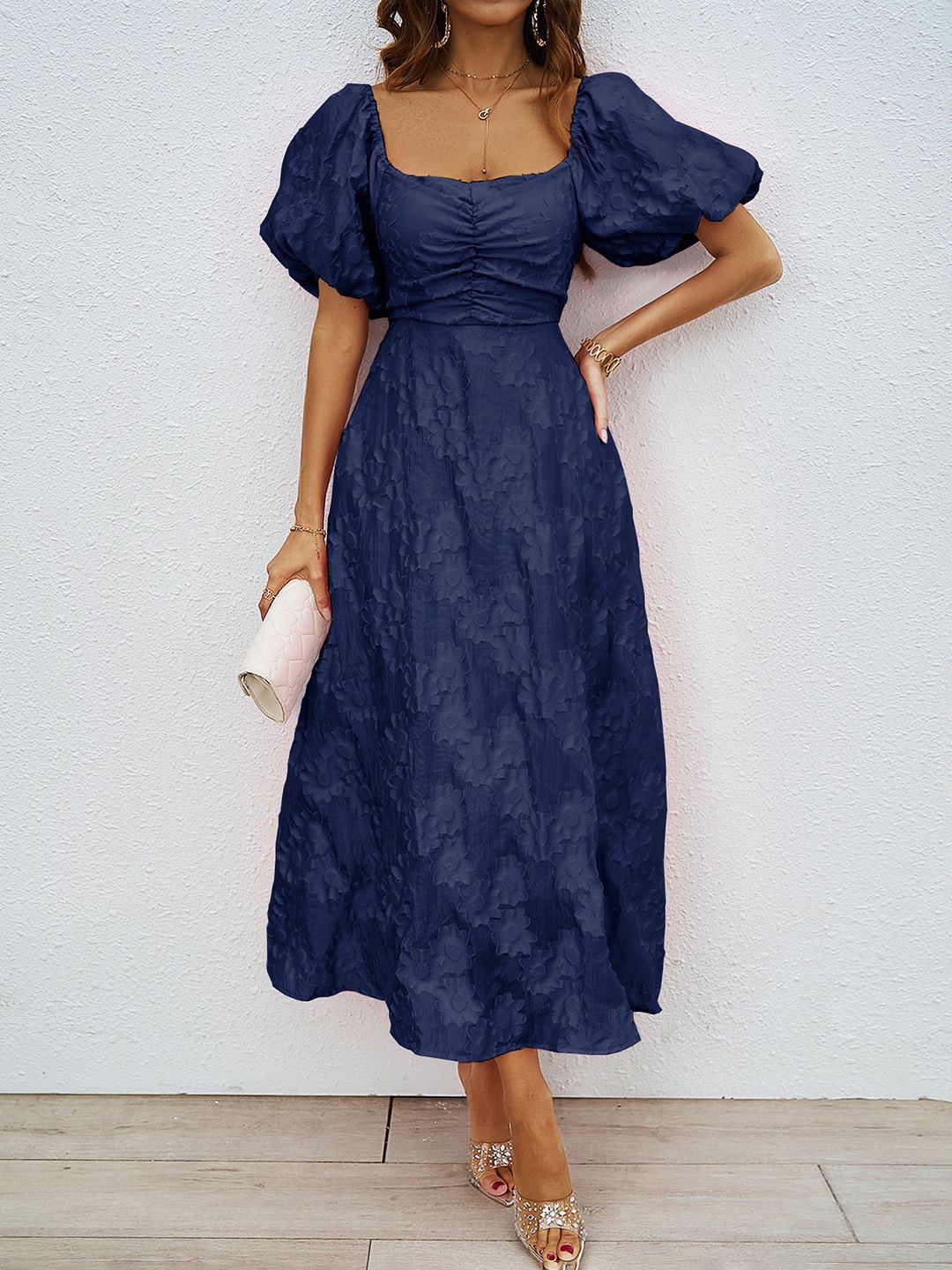 

JC Mode Women Self Design Fit & Flare Midi Dress, Blue