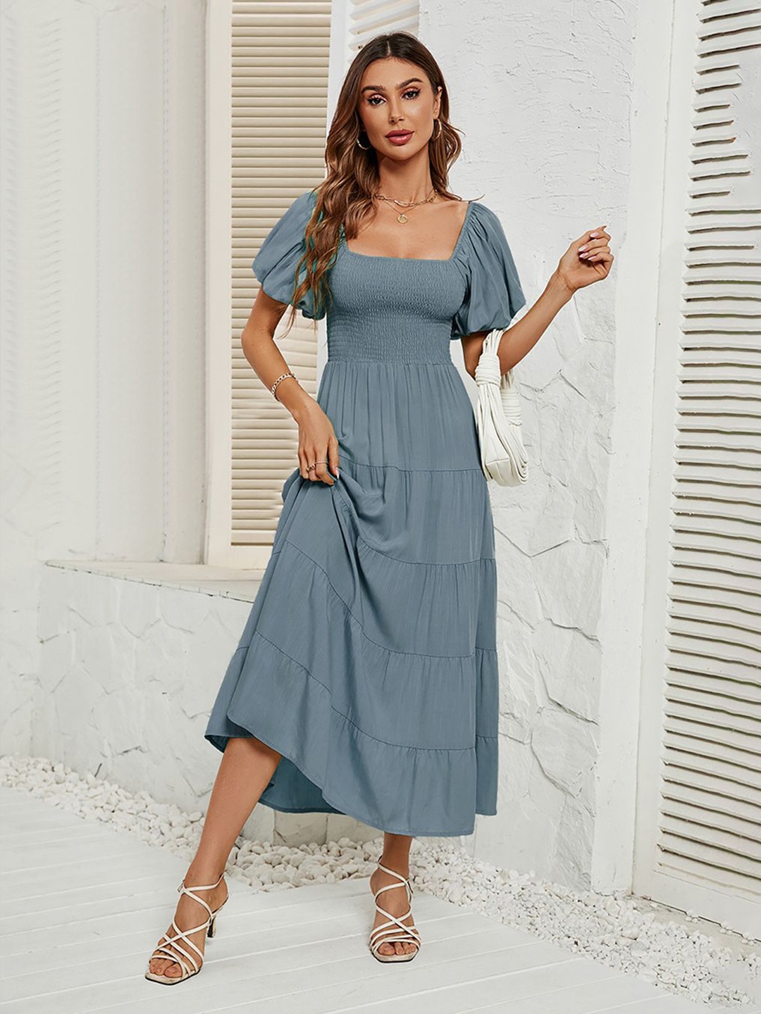 

JC Mode Flutter Sleeve Fit & Flare Smocked Midi Dress, Blue