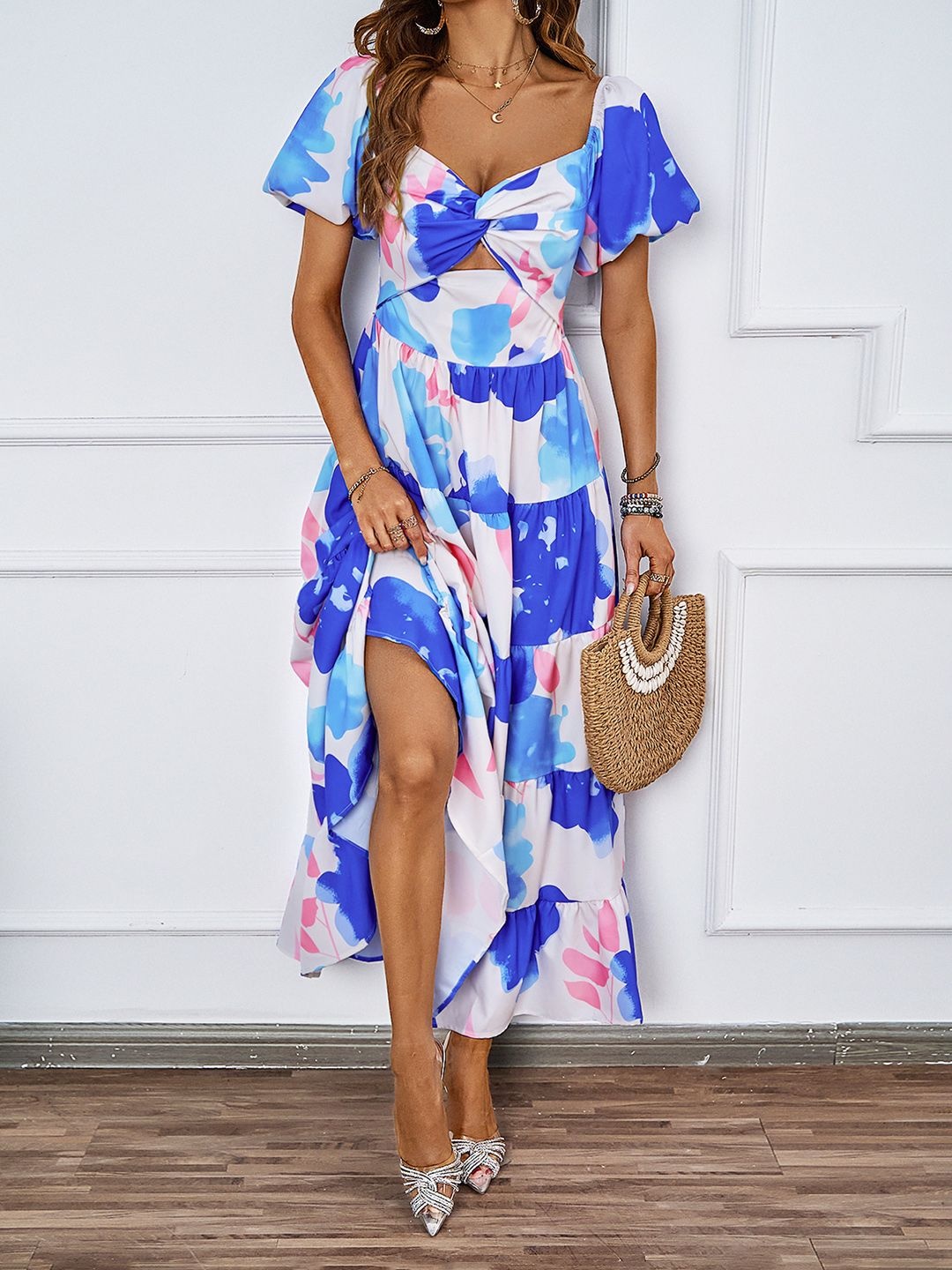 

JC Mode Women Printed Flutter Sleeve Cut-Outs Fit and Flare Maxi Dress, Navy blue