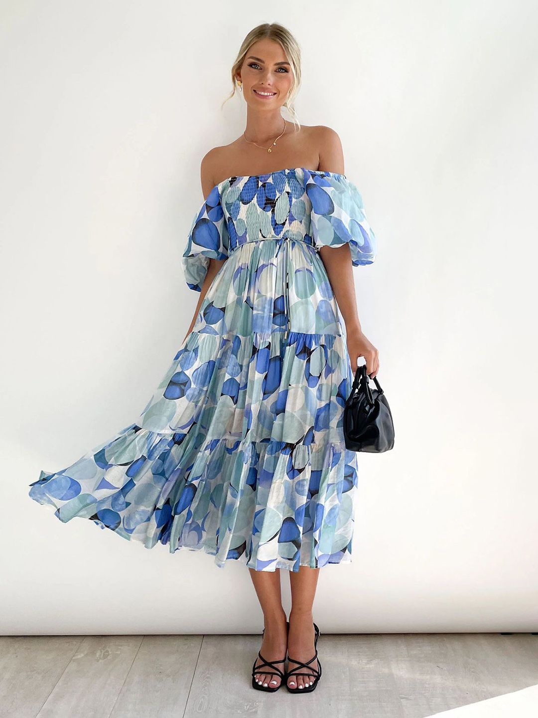 

JC Mode Women Floral Printed Off-Shoulder Flutter Sleeve Fit & Flare Midi Dress, Blue