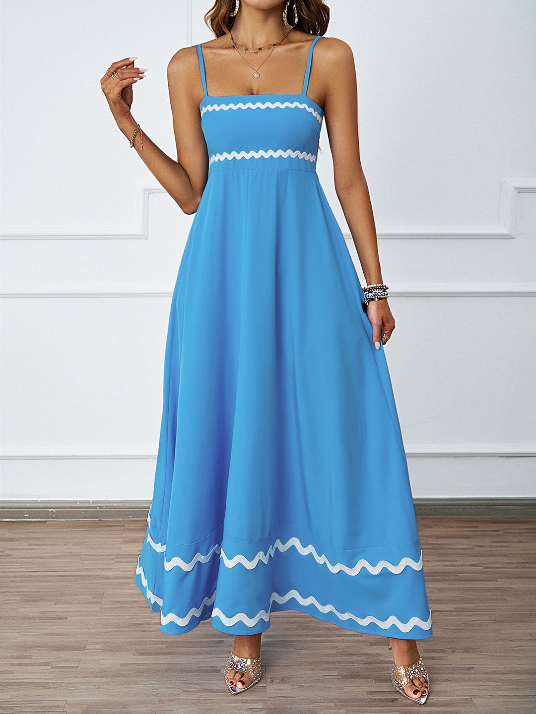 

JC Mode Shoulder Straps Lace Inserts Fit and Flare Maxi Dress, Blue