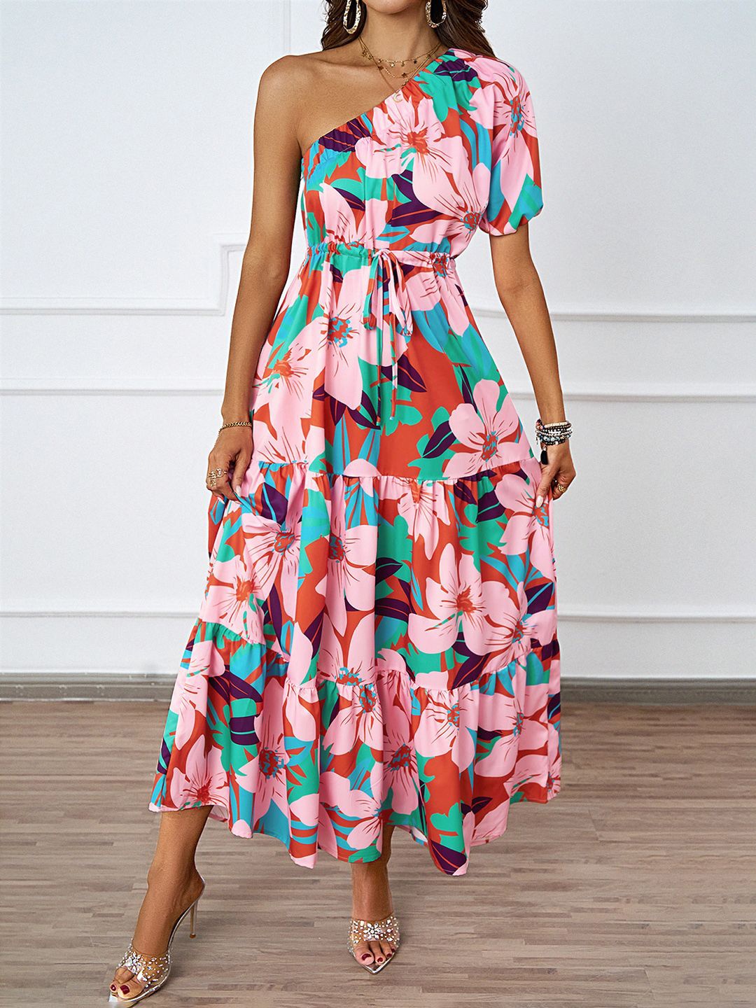 

JC Mode Women Floral Printed Puff Sleeve Fit and Flare Midi Dress, Pink