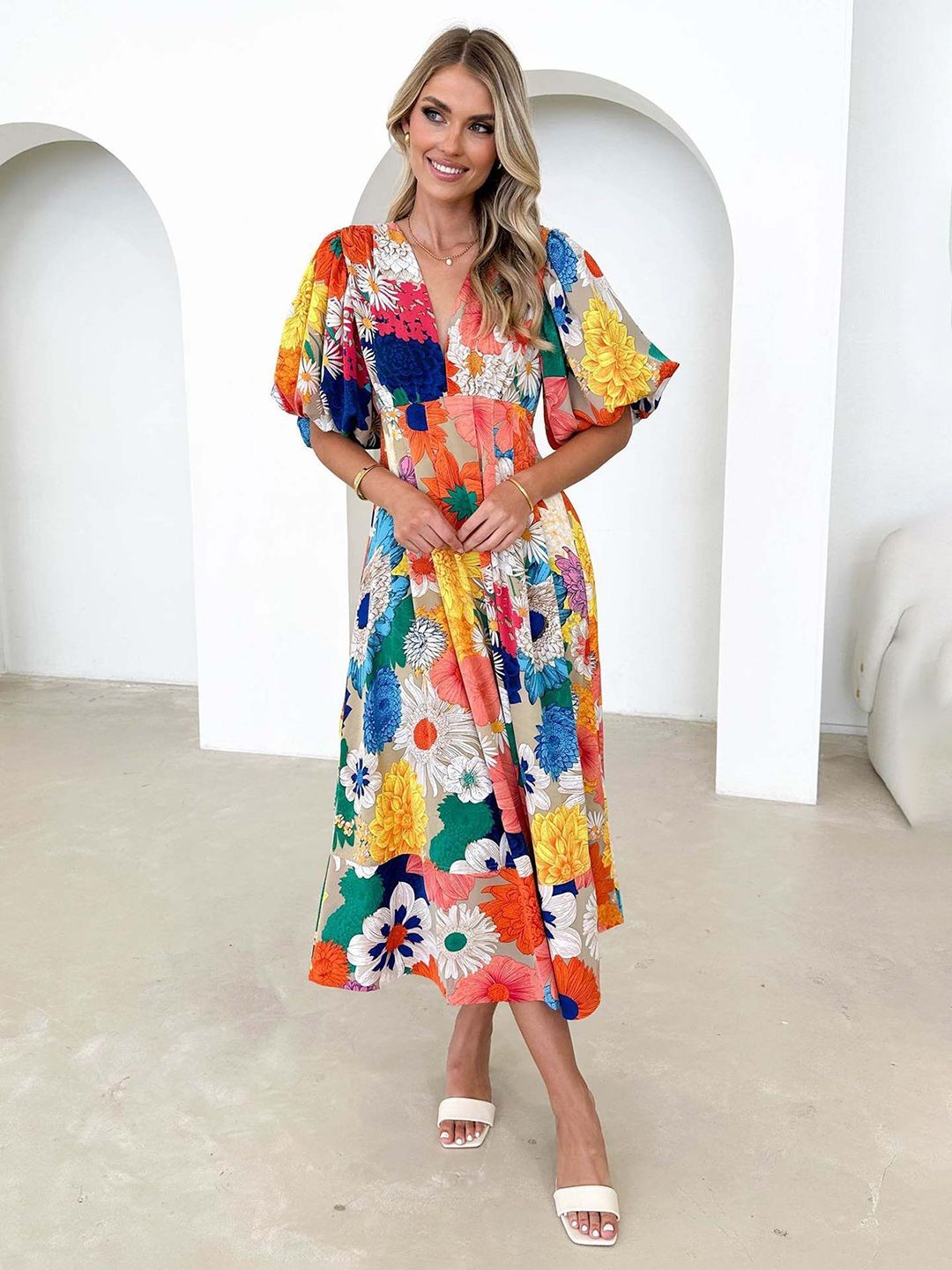 

JC Mode Floral Printed Flared Sleeve Fit & Flare Midi Dress, White