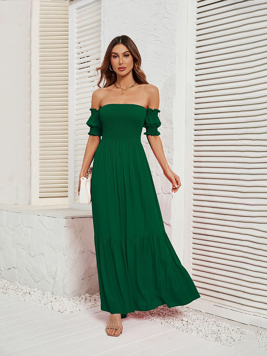 

JC Mode Women Smocked Strapless Bell Sleeves Bandeau Maxi Dress, Green