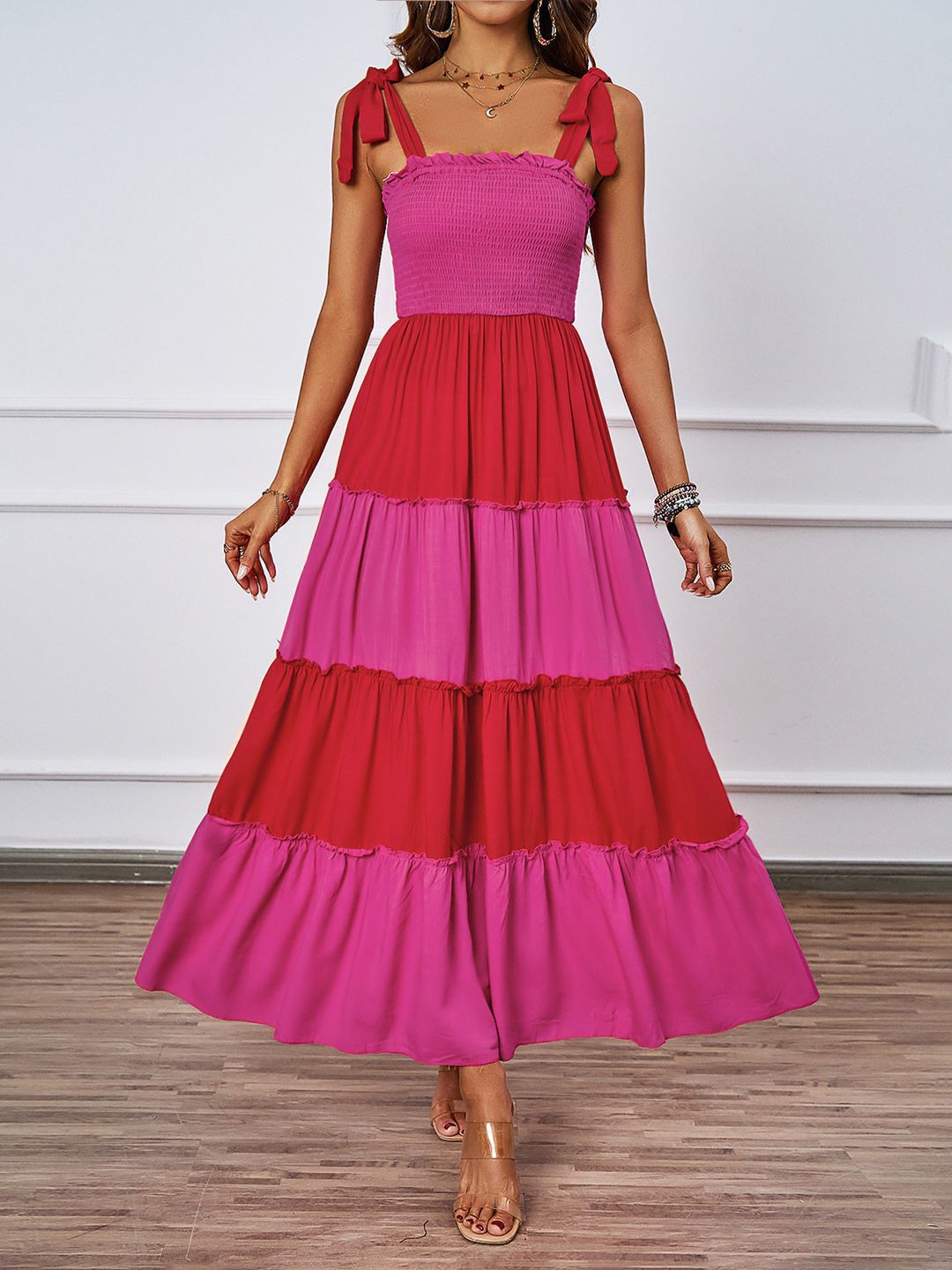 

JC Mode Women Colourblocked Fit and Flare Midi Dress, Pink