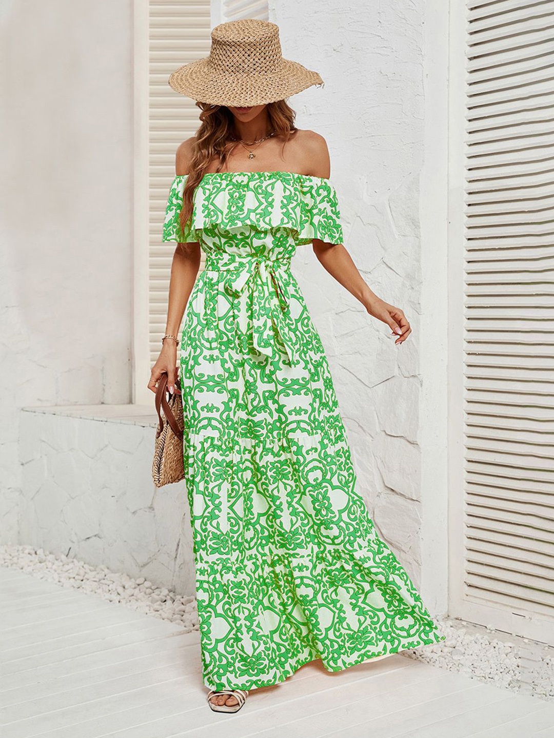 

JC Mode Floral Printed Off-Shoulder Flutter Sleeve Tiered Maxi Dress, Green