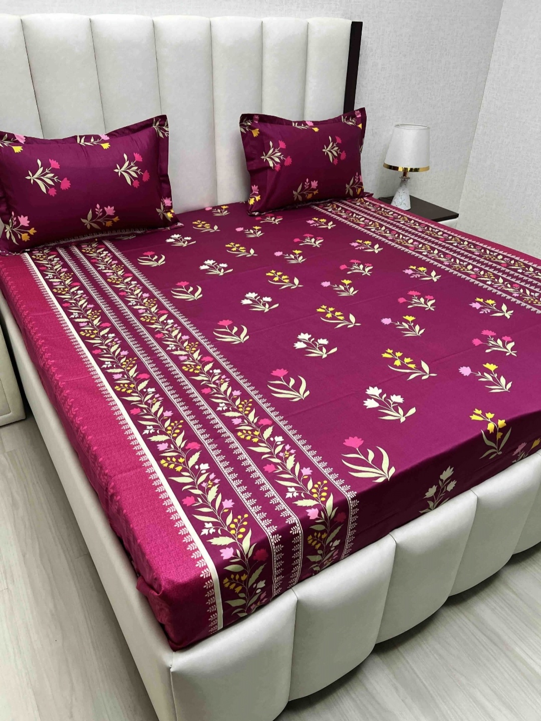 Pure Decor Passion Fur Purple & White Floral Cotton 260 TC Queen Bedsheet Set-2.28mx2.54m