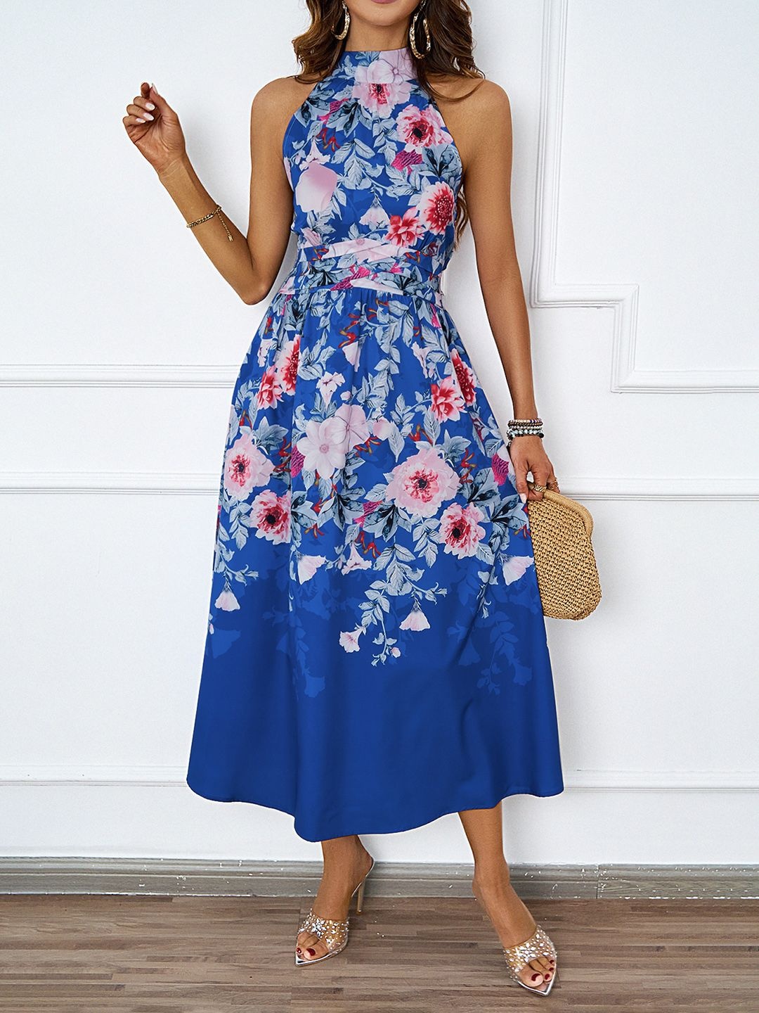 

JC Mode Floral Printed Halter Neck Fit & Flare Midi Dress, Blue