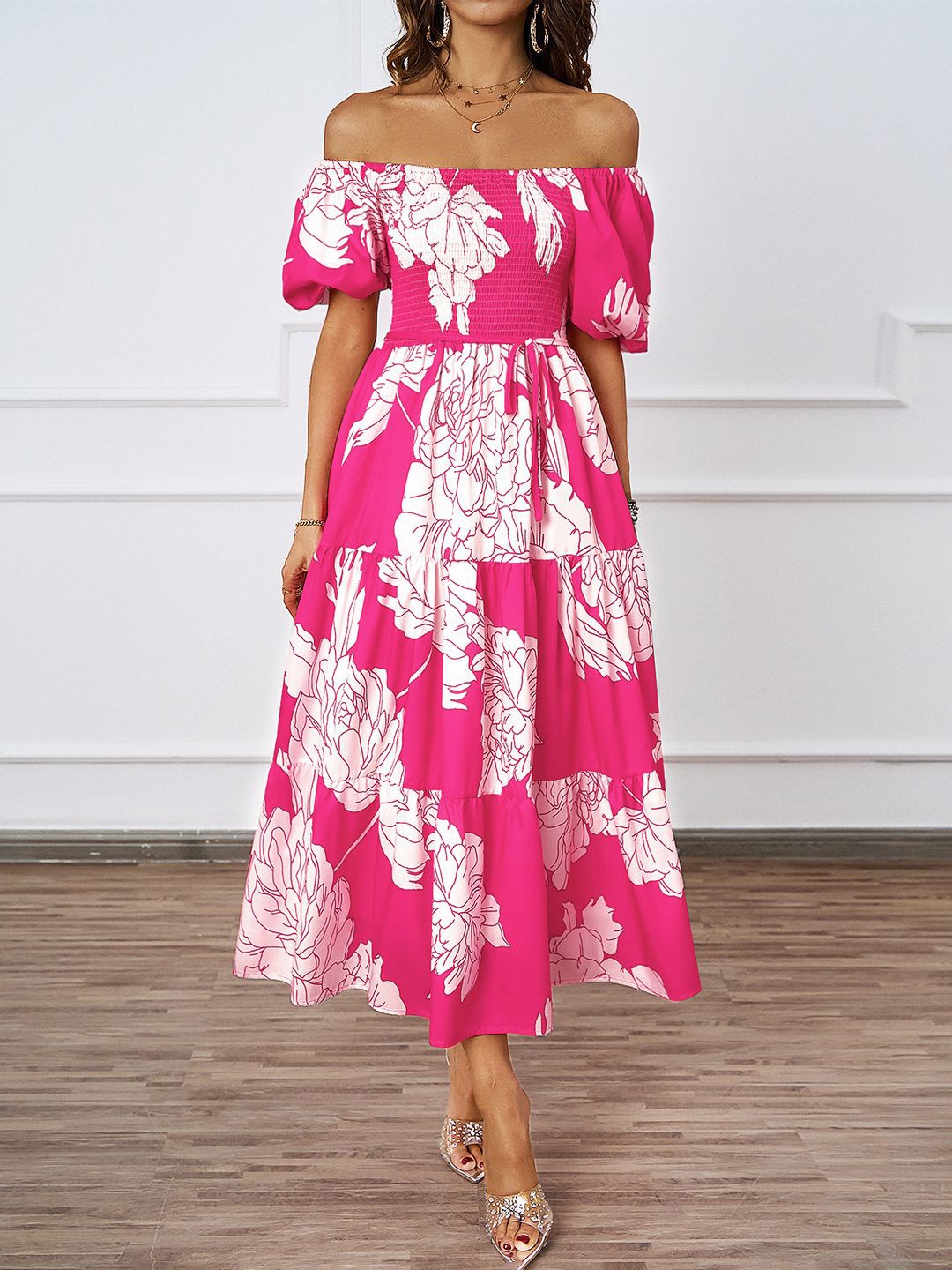 

JC Mode Women Floral Printed Off-Shoulder Fit & Flare Midi Dress, Pink
