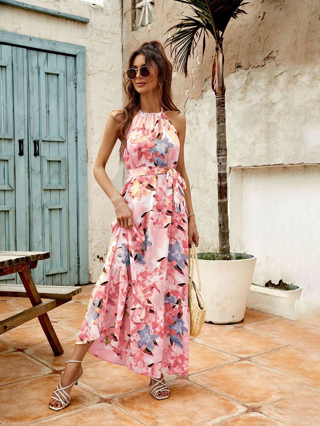 

JC Mode Women Floral Printed Halter Neck Maxi Dress, Pink