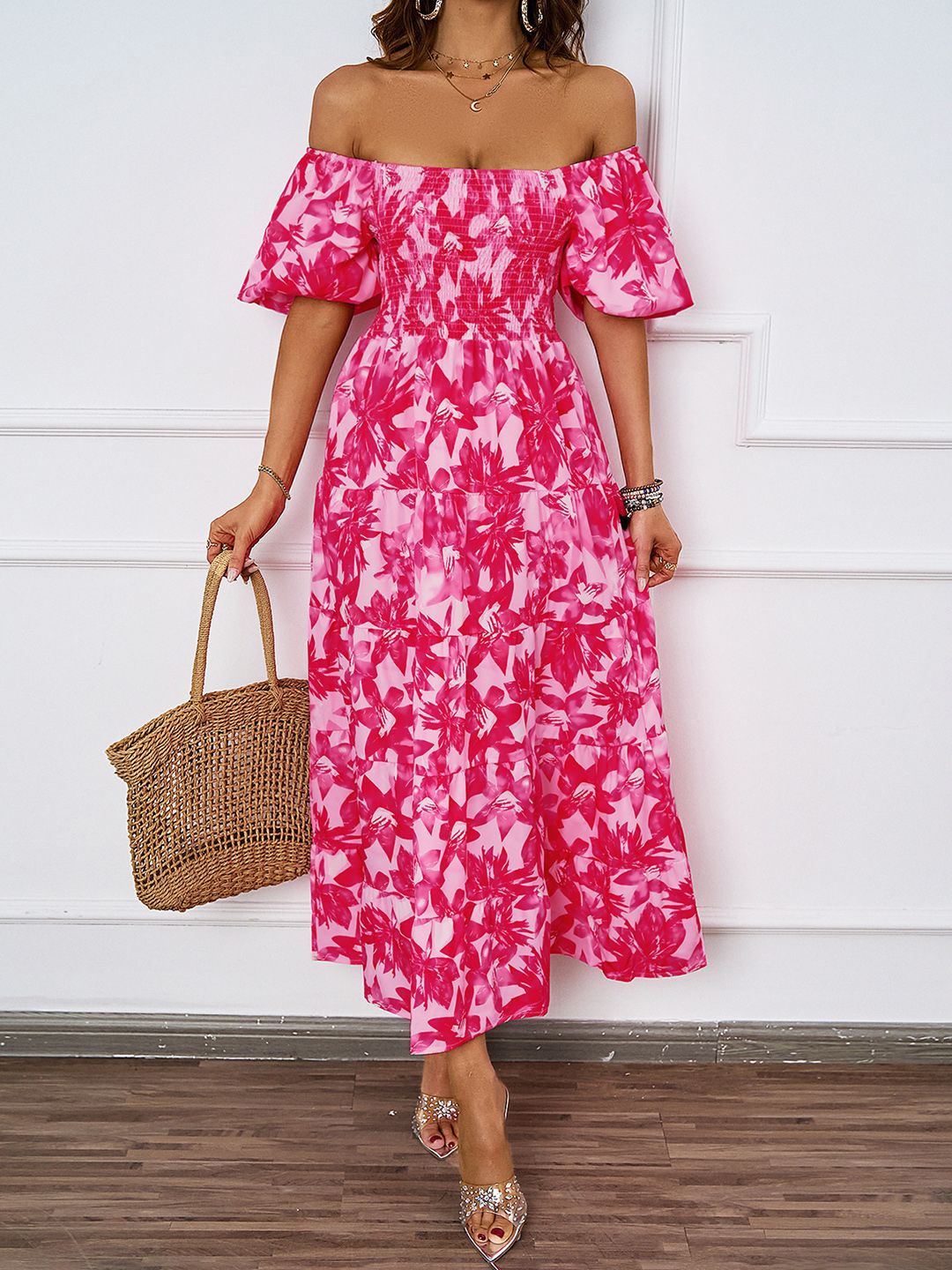

JC Mode Floral Printed Off-Shoulder Maxi Dress, Pink