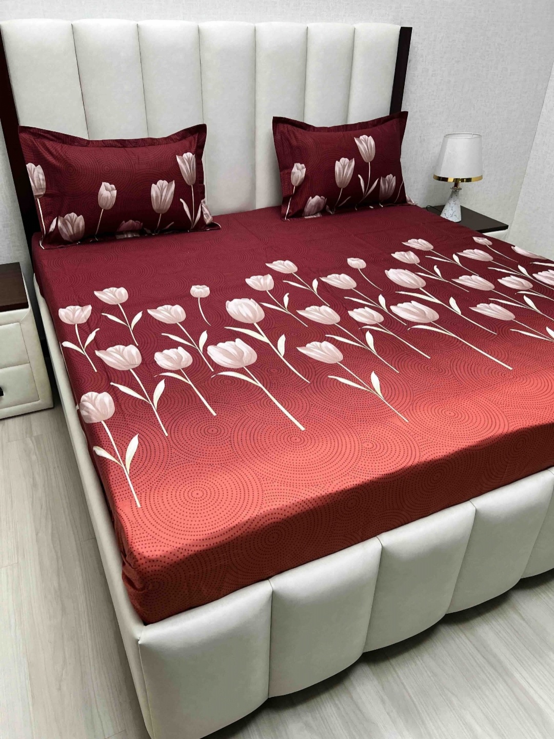 Pure Decor Passion Fur Maroon & White Floral Cotton 260 TC Queen Bedsheet Set-2.28mx2.54m