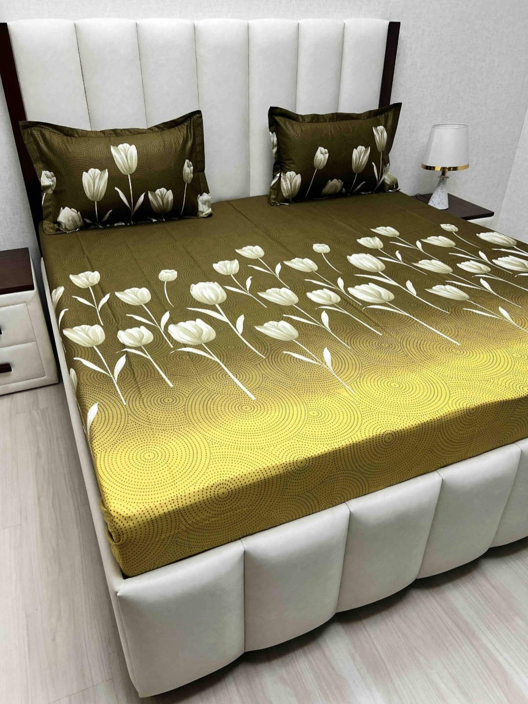 

Pure Decor Passion Fur Green & Yellow Floral Cotton 250 TC Queen Bedsheet Set-2.28mx2.54m