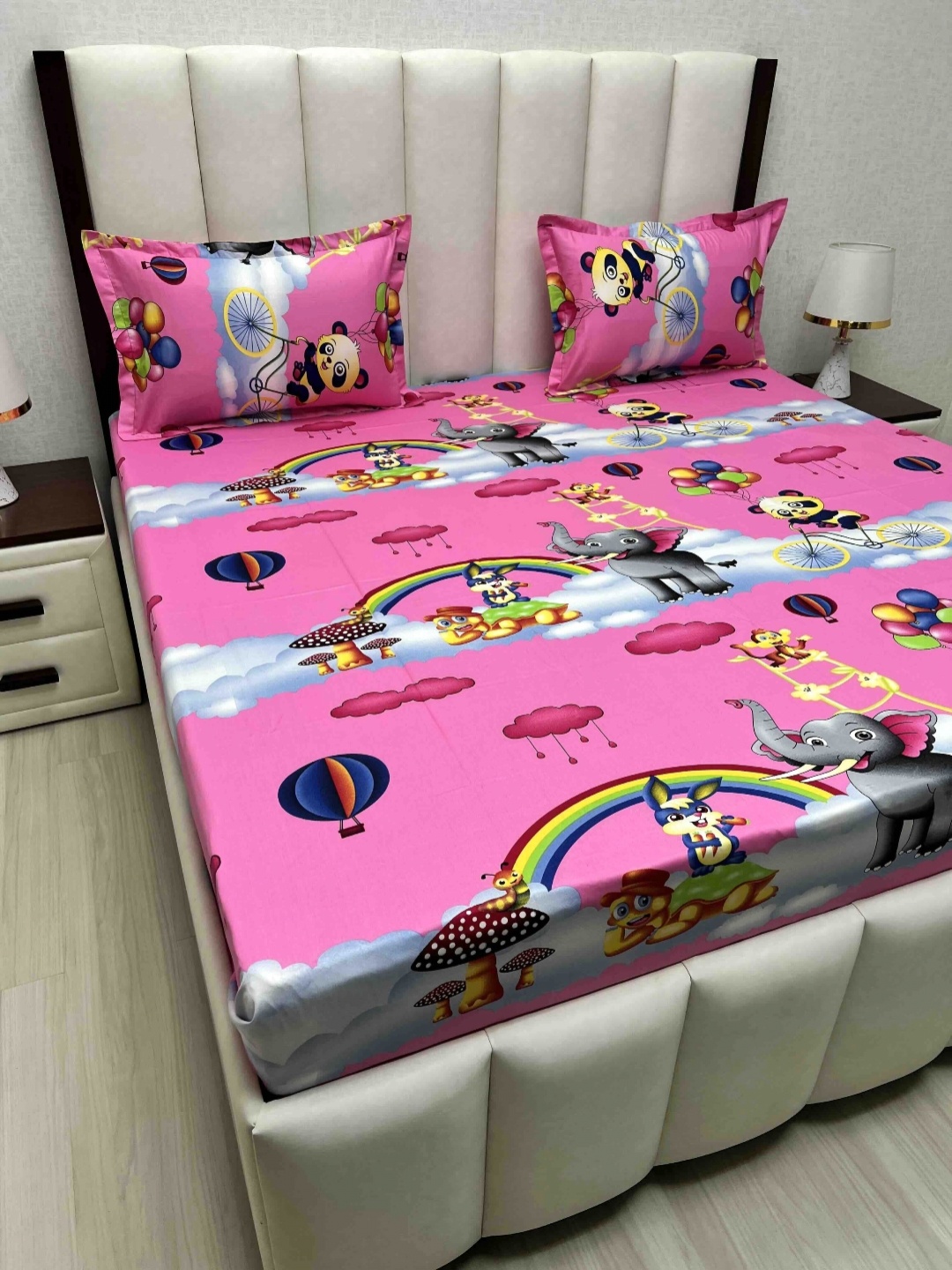 

Pure Decor Passion Fur Pink Cartoon Characters Cotton 250TC Queen Bedsheet Set-2.28mx2.54m