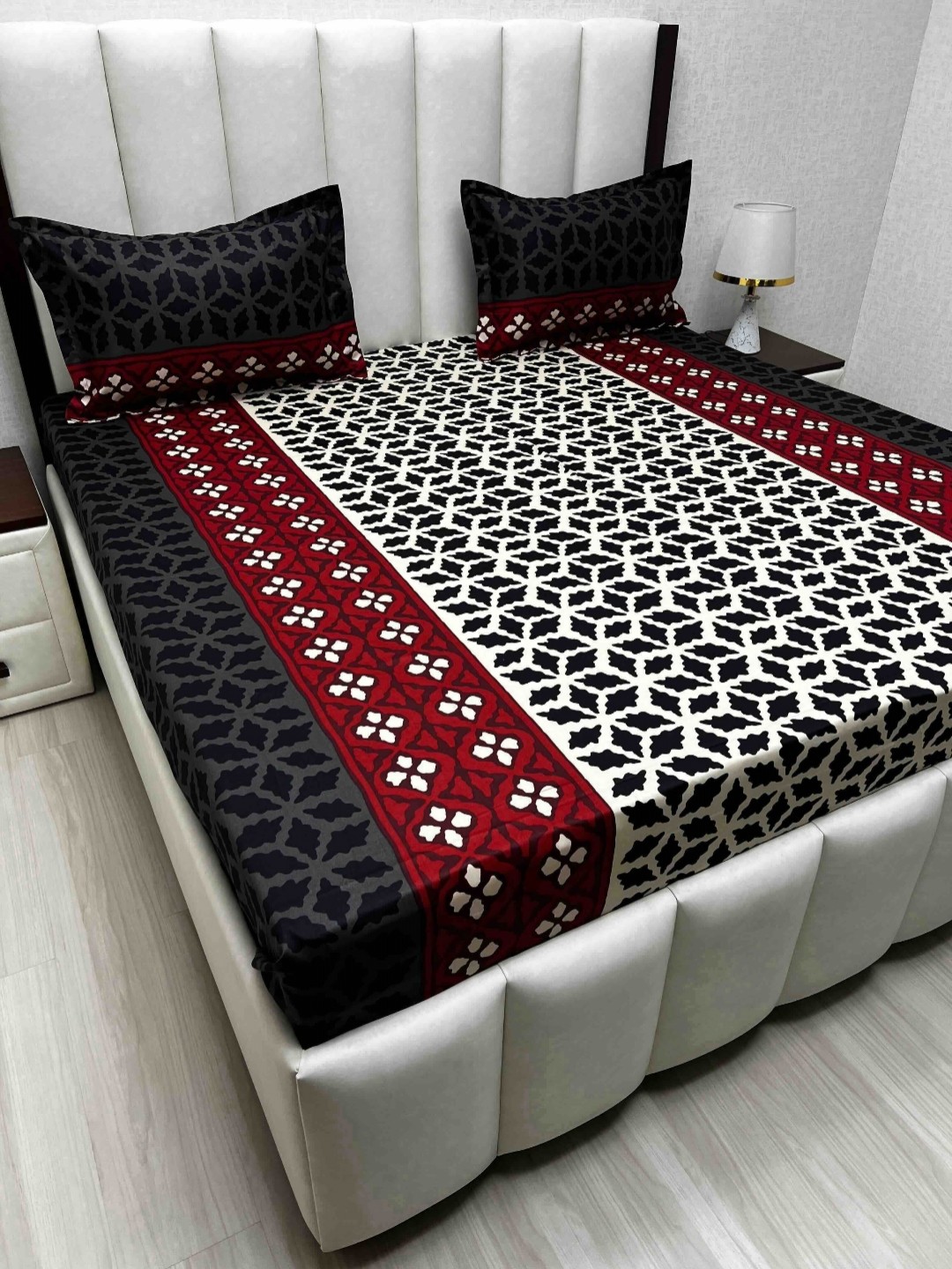 

Pure Decor Passion Fur Red & White Geometric Cotton 250 TC Queen Bedsheet Set-2.28mx2.54m