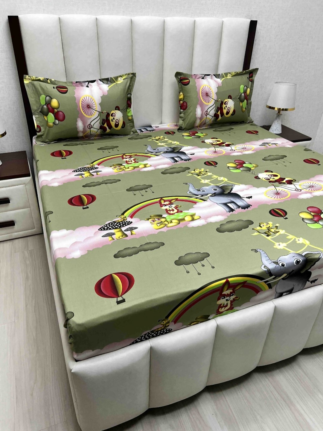 Pure Decor Passion Fur Green Cartoon Characters Cotton 250 TC Bedsheet Set-2.28mx2.54m
