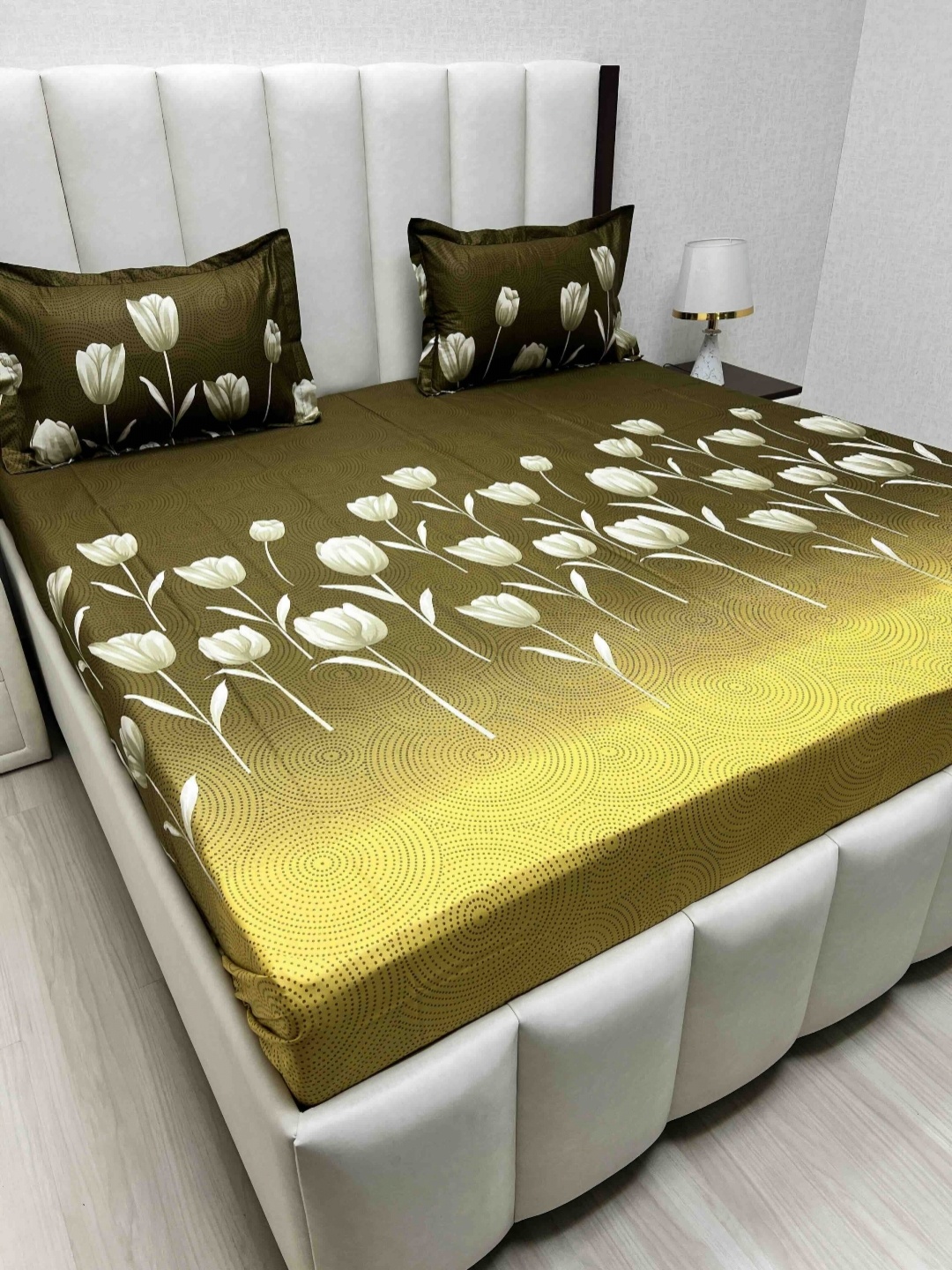Pure Decor Passion Fur Green & Grey Floral Cotton 240 TC Queen Bedsheet Set-2.28mx2.54m
